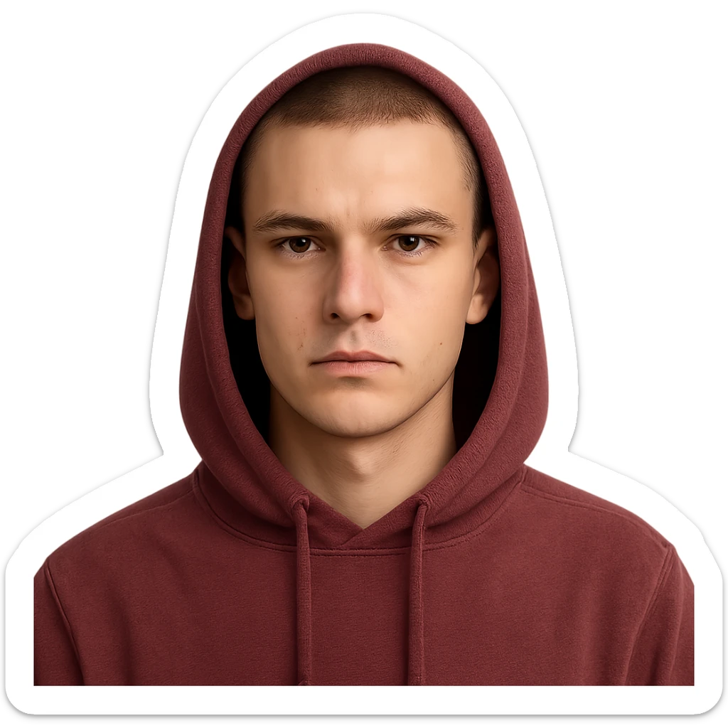 young European male with short buzzcut brown hair, smooth skin, wearing a maroon hoodie with the hood up, oval-shaped face, defined jawline, high cheekbones, sharp focused eyes under straight prominent eyebrows, calm neutral expression sticker