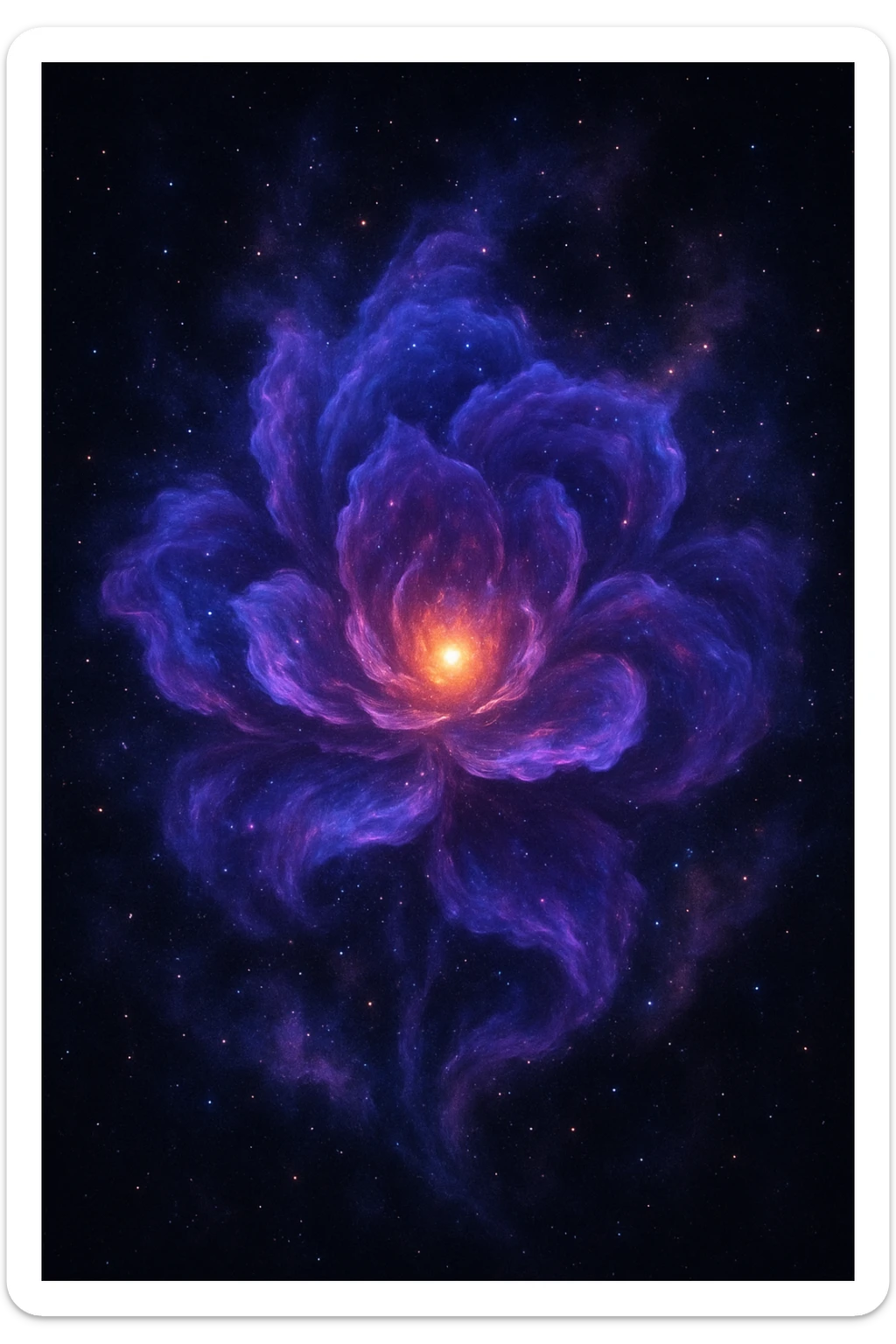 A stylized flower made of swirling purple, blue, and pink nebula clouds, with a glowing center and cosmic dust. sticker
