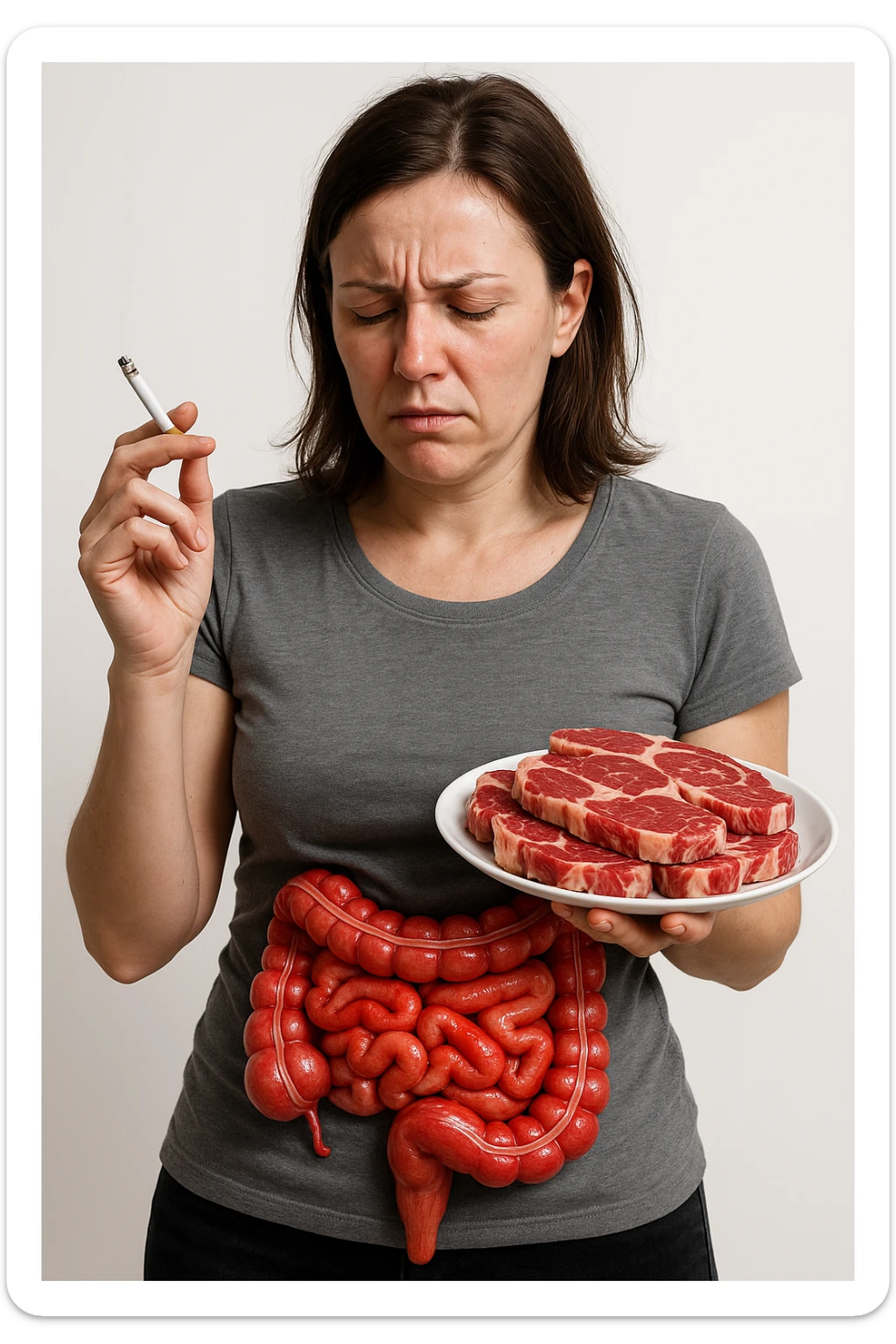 UNA DONNA REALISTICA CON UNA SIGARETTA IN MANO E UN PIATTO PIENO DI CARNE SIMMENTAL NELL'ALTRA MANO, INTESTINO ANATOMICO INFIAMMATO VISIBILE, MAL DI PANCIA, ISOLATA SU SFONDO BIANCO, IPERREALISTICA 4K sticker
