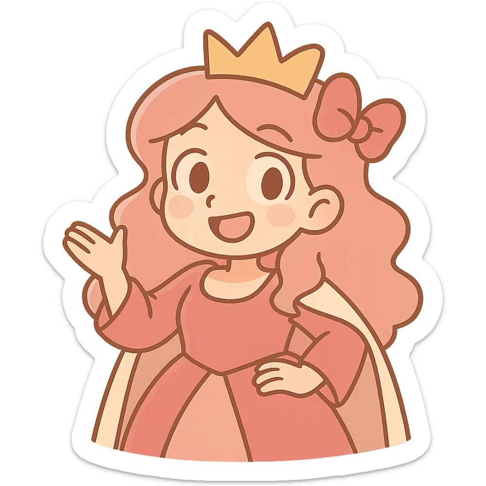 Edit the emoji to be an aesthetic queen wearing pink with wavy hair and a bow, keeping a playful cartoon style. Remove the background. sticker