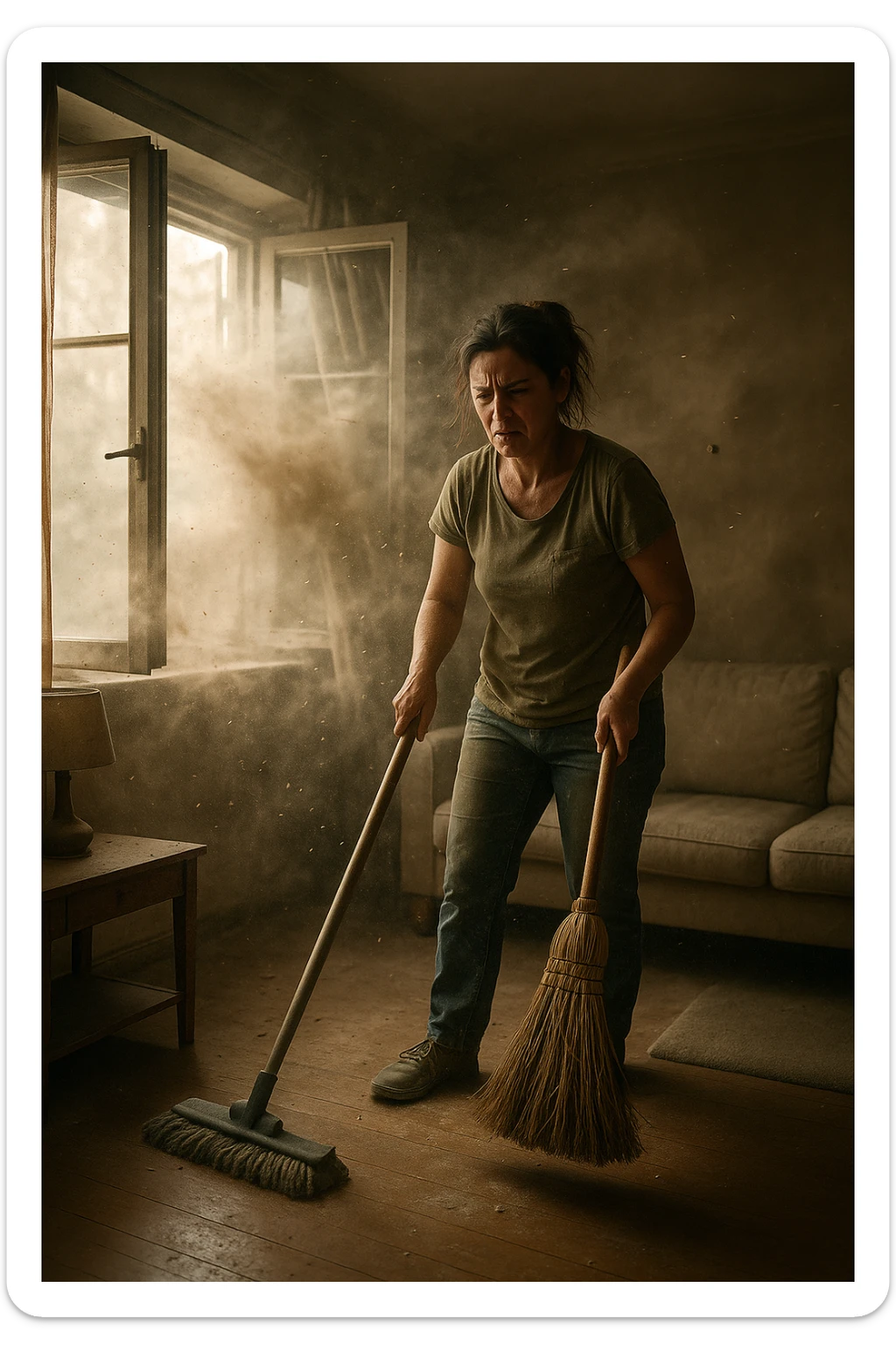 A realistic, cinematic image of a person cleaning a living room with a mop and broom, windows wide open letting in a strong gust of wind. Through the open windows, thick clouds of dust, pollen, and small debris visibly swirl into the room, floating in sunbeams that highlight the particles in the air. The person looks frustrated and tired, mid-action sweeping but clearly battling the incoming dust. Around the room, some furniture and surfaces already show a thin layer of dust settling. The scene is bathed in natural daylight with a slightly hazy atmosphere due to the airborne dust. The color palette uses warm, muted tones emphasizing the contrast between cleanliness efforts and the stubborn dirt and dust invading the space. The focus is on the tension between trying to clean and the unavoidable mess coming in from outside. sticker