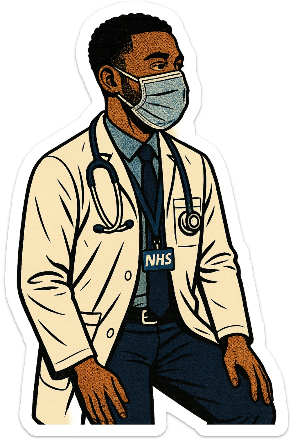 the full body of a young make black doctor from 2020 wearing a face mask.  He is looking calm. he is also wearing an NHS lanyard around his neck and facing RIGHT sticker