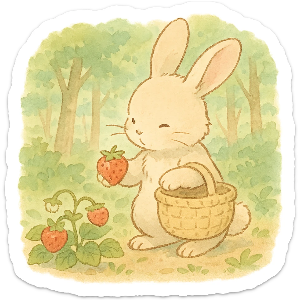 bunny picking strawberries in the woods, sweet pastel red, soft ghibli style sticker