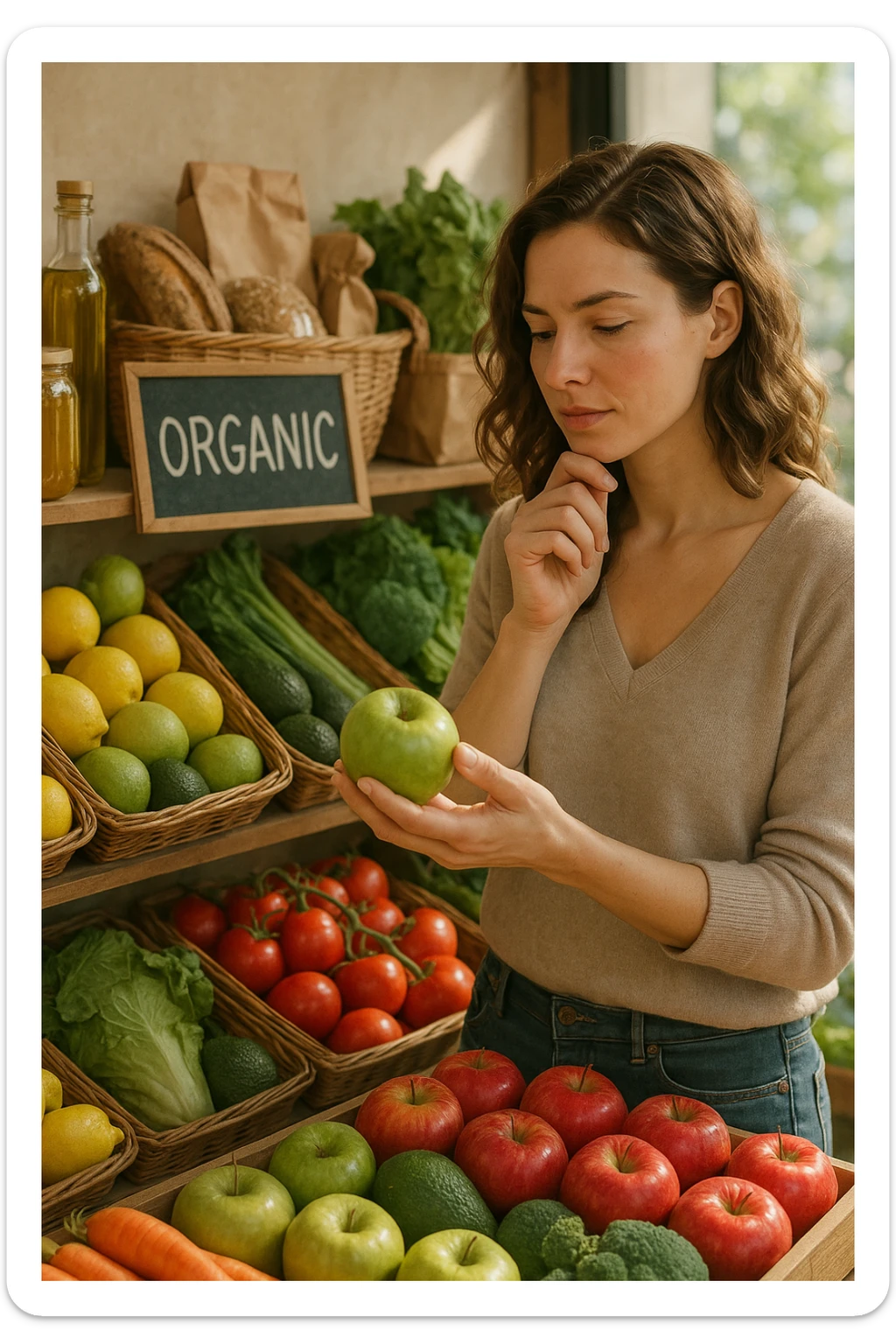 Donna che sta scegliendo quali alimenti di qualità mangiare sticker