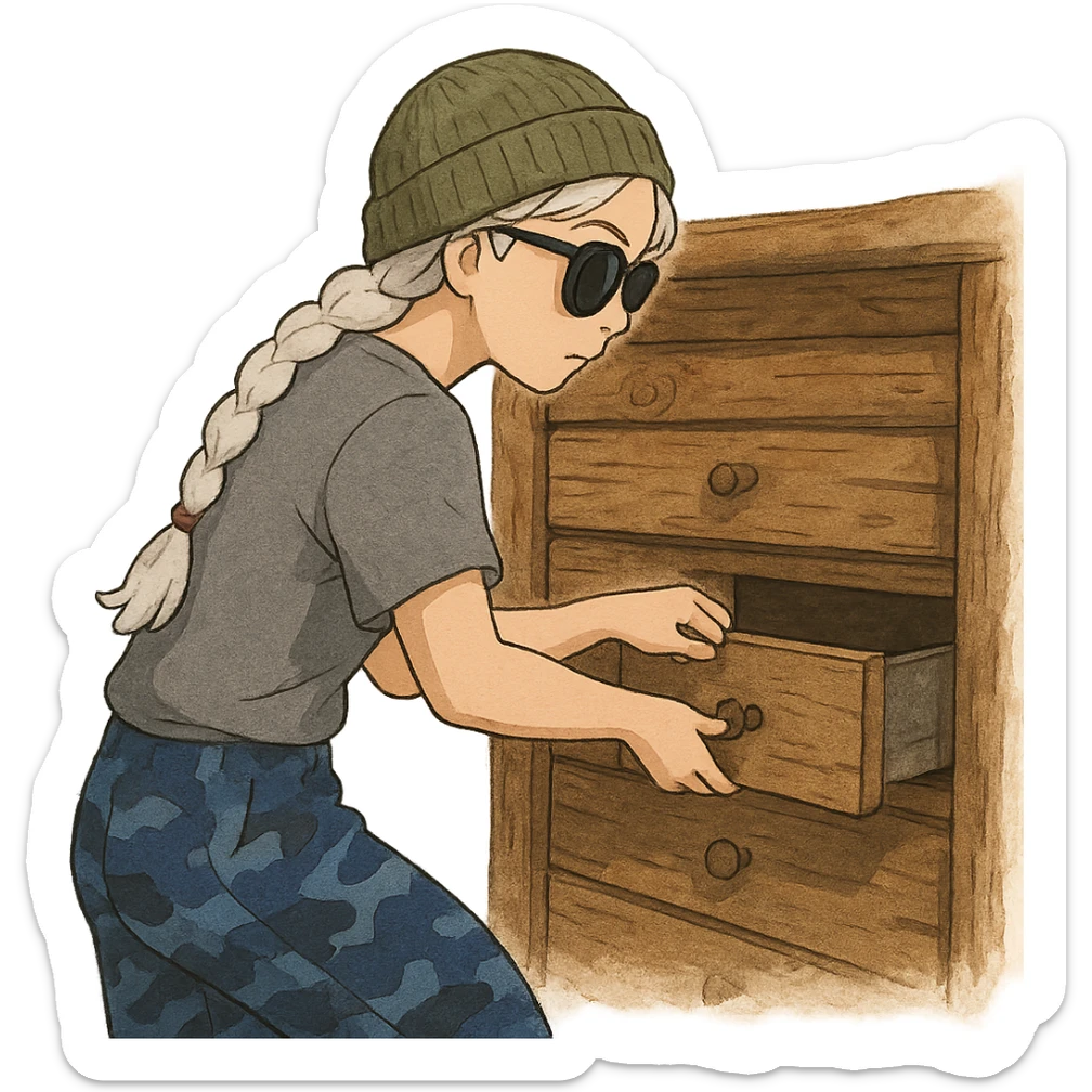 1 female, long white braid, knit cap, dark sunglasses, GRAY T-SHIRT, blue camo pants, LOOTING A CABIN, OPENING A DRAWER sticker