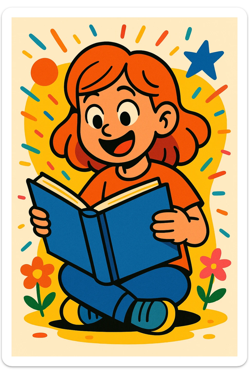 girl reading a book, vibrant cartoon style, colorful, lively, expressive sticker