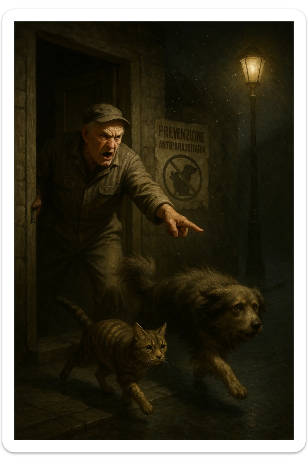 Un uomo anziano in tuta da lavoro, con espressione arrabbiata, butta fuori i suoi animali con aperta la porta di casa mentre il suo cane (un meticcio a pelo lungo) e il gatto (soriano) scappano nella strada buia sotto la pioggia. Particelle di polvere/pulci fluttuano nell'aria illuminata dal lampione. Sullo sfondo, un poster strappato del veterinario con scritto 'Prevenzione antiparassitaria'. Stile fotorealistico, illuminazione Caravaggesca, toni grigi e ocra. in italiano sticker