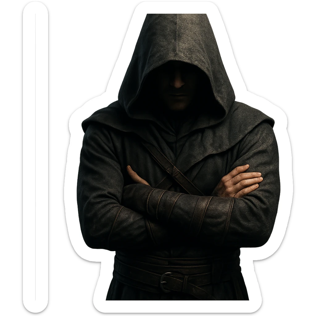 person in a hood, arms crossed like Assassin's Creed, mysterious vibe sticker