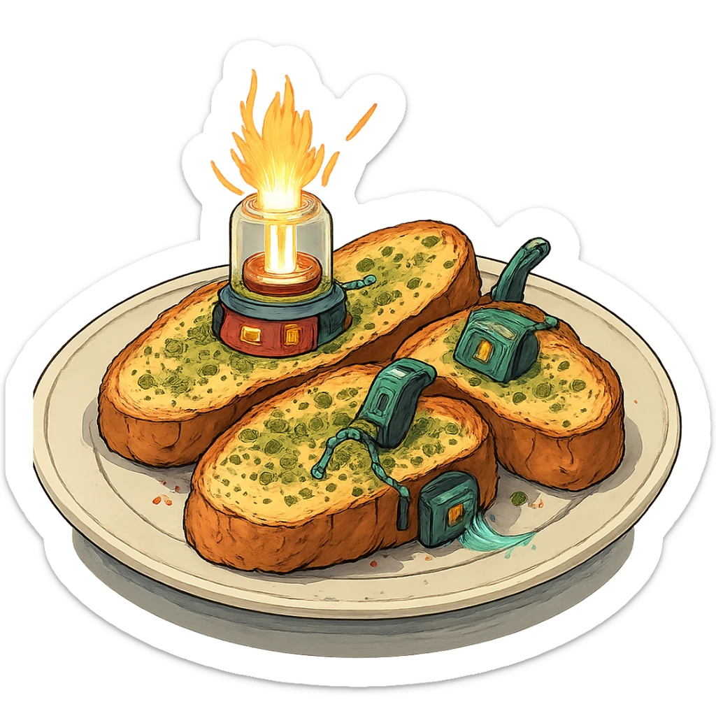a plate of thermonuclear futuristic cyberpunk garlic bread, flawless, perfect, masterwork. highly dangerous sticker