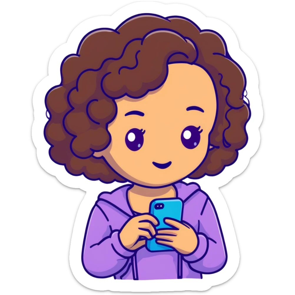 brunette girl with curly medium length hair, brown eyes, slightly tan skin, holding a phone sticker