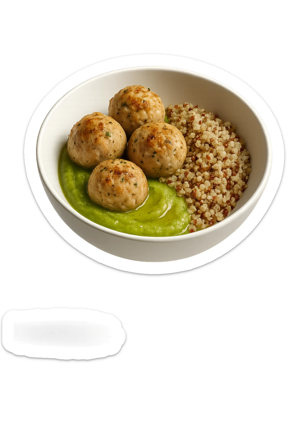 bowl bianca fluttua in aria con polpette di tacchino, purè di zucchine, quinoa e olio di oliva, iperrealistico 4k sticker