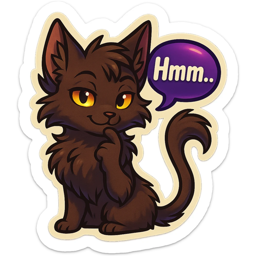 a dark-brown fluffy cute kawaii anthropomorphic furry anime cat-furry with tufted ears, golden eyes, and a long thin tufted tail, thinking, smirking thoughtfully, saying “Hmm..” with a purple speech bubble, (cartoon style) (cute anime style) (furry style) (deviantArt style) (artist style: Kamirah) sticker