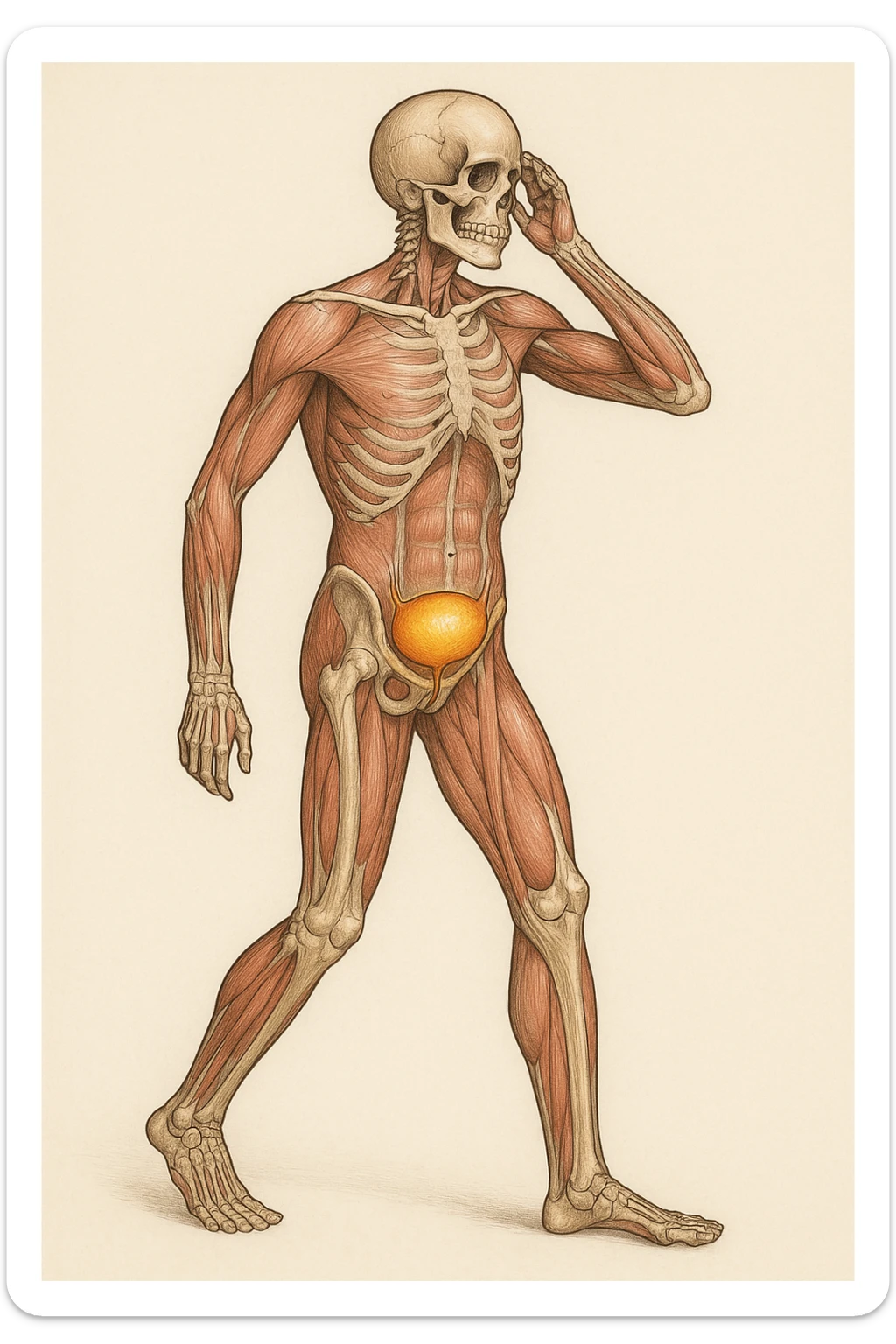 CORPO UMANO ANATOMICO CHE SI SVEGLIA LA NOTTE PER SVUOTARE LA VESCICA, VESCICA ANATOMICA IN EVIDENZA, SFONDO CHIARO NEUTRO sticker