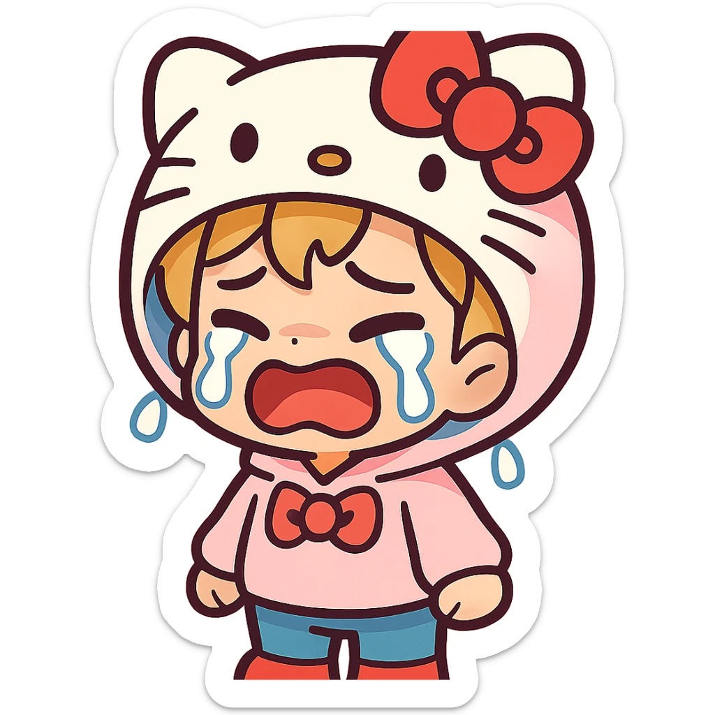 a chibi boy in a Hello Kitty hoodie, crying, adorable, pastel colors, vibrant toon style sticker