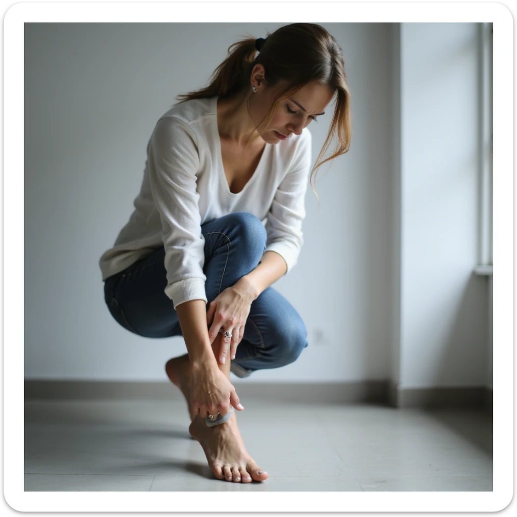 woman standing touching knee and foot, expression of pain, visible orthotic insole, realistic style, medical environment sticker