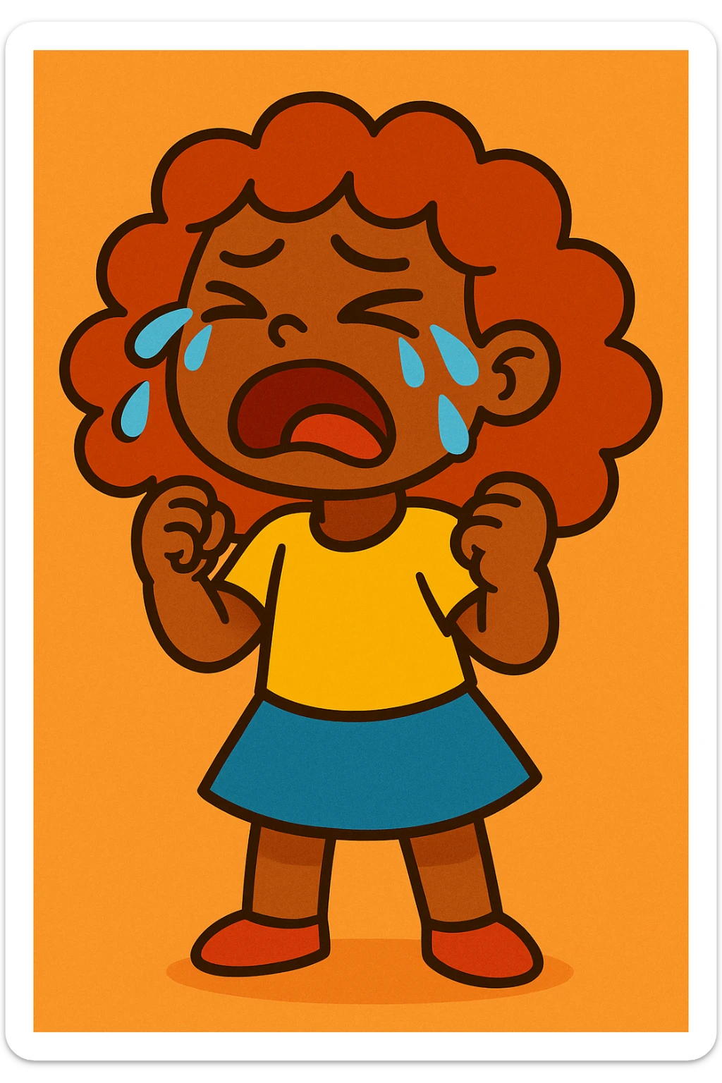 menina parda, cabelo cacheado avermelhado até os ombros, chorando, estilo cartoon colorido sticker