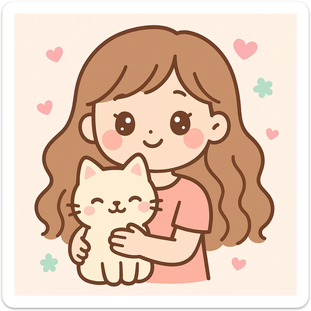 a girl with long wavy brown hair and brown eyes holding a cat, friendly and appealing style sticker