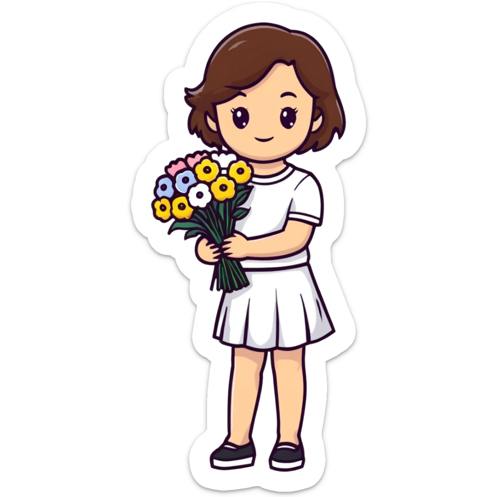 girl with brown hair wearing a white skirt holding a bouquet of flowers sticker