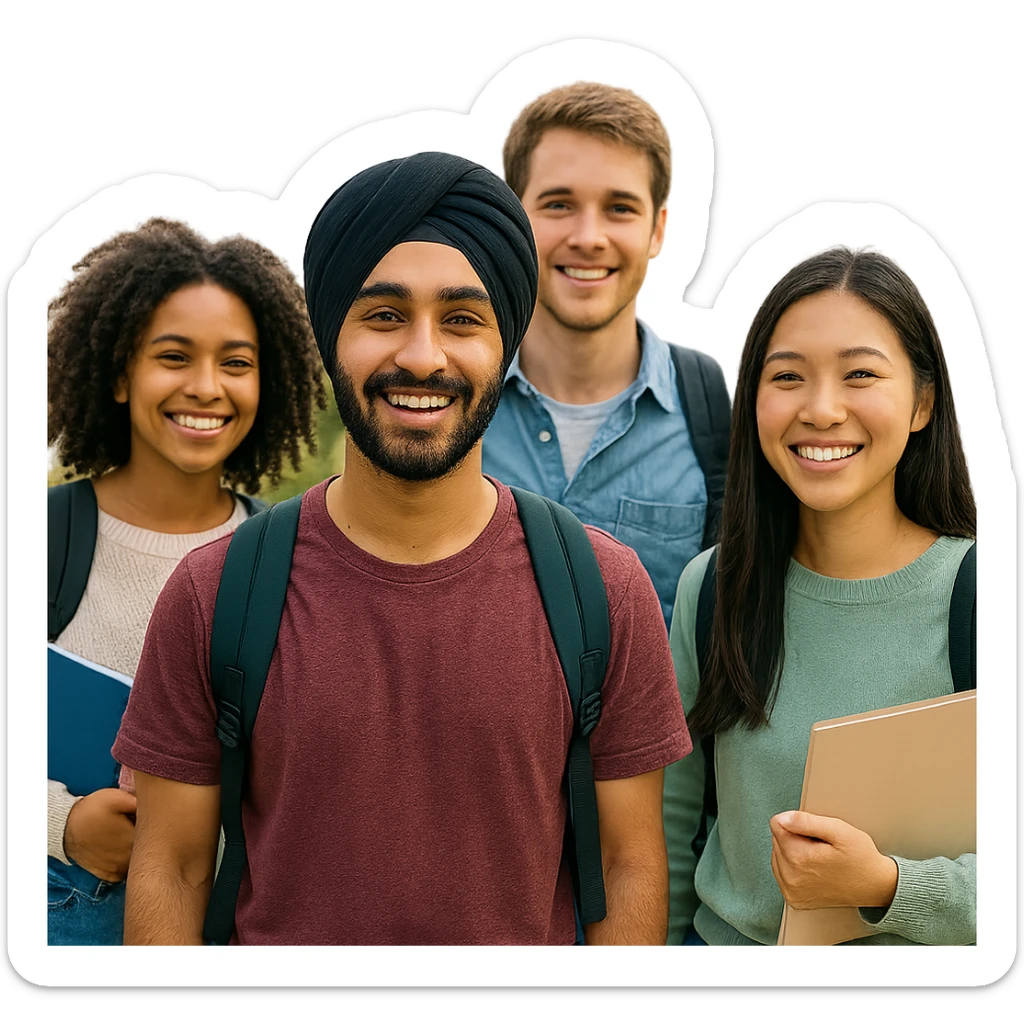 university sikh boy standing with friends in a diverse group, wearing a turban, cheerful, outdoor university setting sticker
