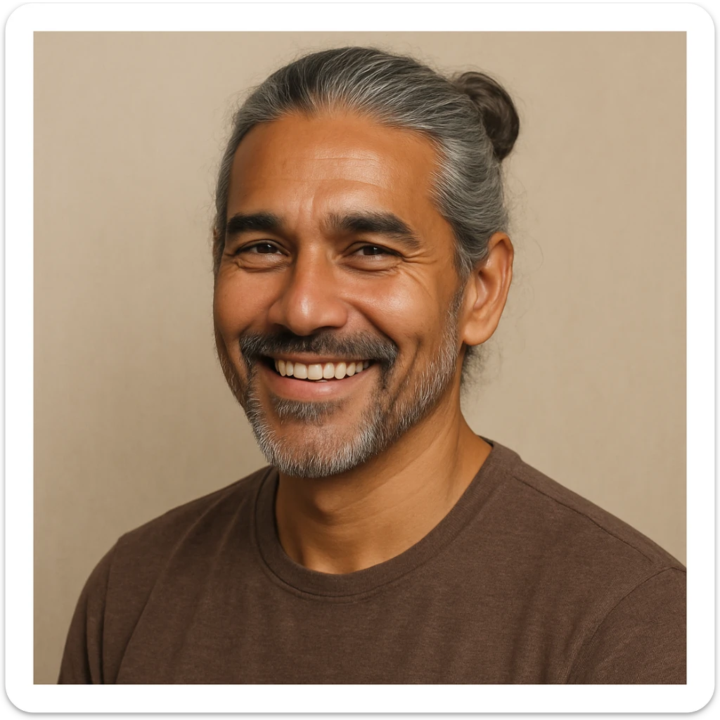 brown tanned man over 40 with long grey hair in a bun, smiling, head and shoulders, plain background sticker