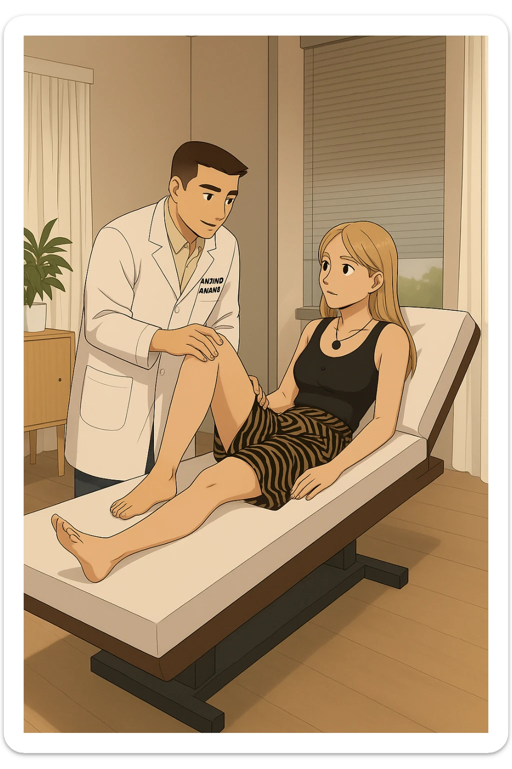 fai un webtoon/manga a colori con questo kinesiologo in camice bianco (fagli la scritta "ANTONIO ANANIA" SUL CAMICE) CHE SVOLGE UN TEST NEUROMUSCOLARE SOLLEVANDO UNA GAMBA ALLA RAGAZZA CHE è STESA SU UN LETTINO BIANCO. STANZA SEMPLICE E MODERNA, DURANTE IL TEST I DUE DIALOGANO TRA LORO. NON FARE I FUMETTI, FAI SOLO LORO COME SE DIALOGASSERO sticker