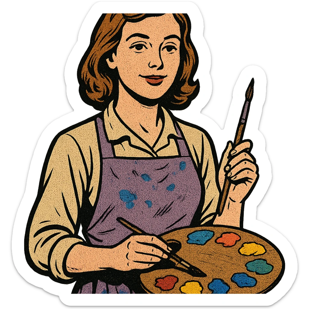 Serene female oil painter, Caucasian features, shoulder-length auburn hair, soft brown eyes, gentle smile, wearing a violet painter’s apron lightly stained with paint over a beige blouse, holding a wooden palette with vibrant colors in one hand and a brush in the other, waist-up, front-facing sticker
