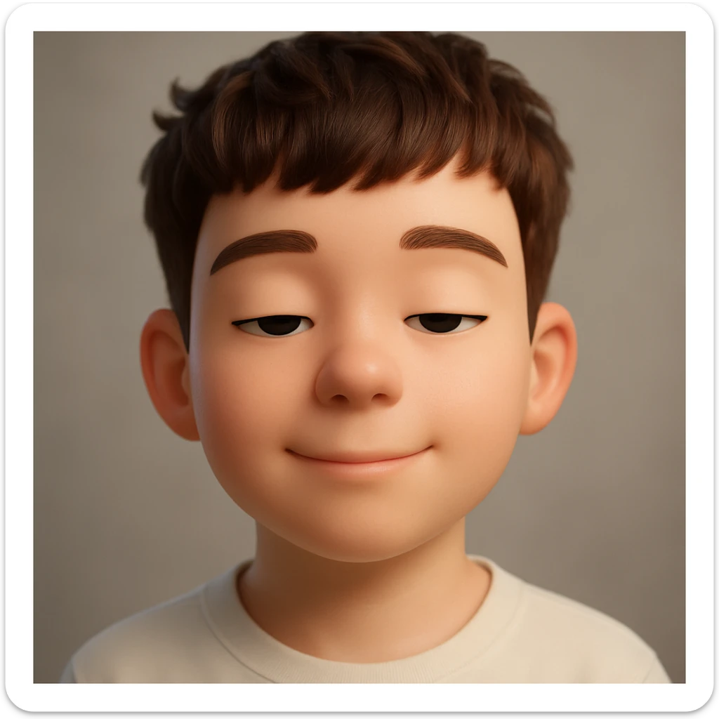 Create an ultra-realistic 3D emoji-style portrait of a human face with a calm and relaxed expression, inspired by Apple Memoji or Pixar characters. The character should have smooth, rounded facial features, large slightly closed eyes, a subtle soft smile, and a neutral relaxed brow. Use clean glossy surfaces, pastel skin tones, and soft cinematic lighting. The face should appear peaceful, friendly, and emotionally balanced. Render in 4K quality with a softly blurred neutral background. sticker