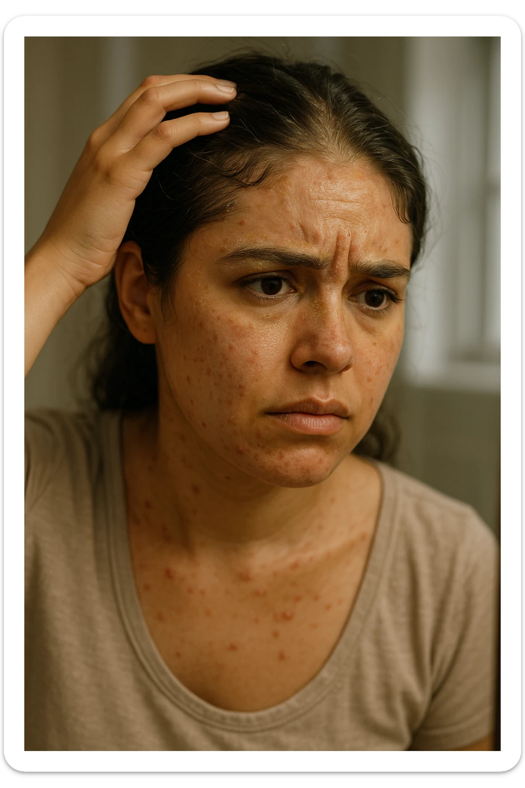 A highly realistic, cinematic close-up portrait of a young woman in her late 20s with medium skin tone, displaying visible folliculitis and seborrheic dermatitis. Small, red, inflamed follicular papules and pustules are scattered along her hairline, jawline, and upper neck, indicating folliculitis. Her scalp and areas around the nose and eyebrows show flaky, greasy yellowish scales, with redness and irritation, indicating seborrheic dermatitis. Her hair appears slightly greasy and clumps near the scalp, emphasizing excess sebum production. She gently touches her irritated scalp with concern while looking at herself in a softly lit bathroom mirror, expressing discomfort and frustration. The environment is neutral and clean, with daylight softly illuminating the scene to highlight the skin and scalp texture. The style is 35mm hyperrealistic, with warm neutral tones and shallow depth of field to maintain focus on her skin, inflammation, and emotional expression, visually explaining the physical discomfort and aesthetic concerns of living with folliculitis and seborrheic dermatitis sticker