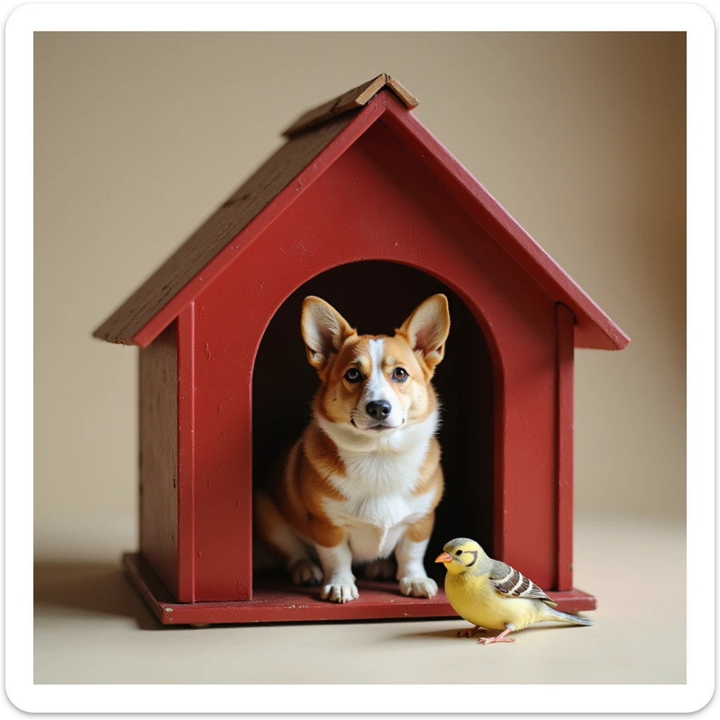 realistic red dog house with a Corgi dog inside, Corgi with a bird, photorealistic style sticker
