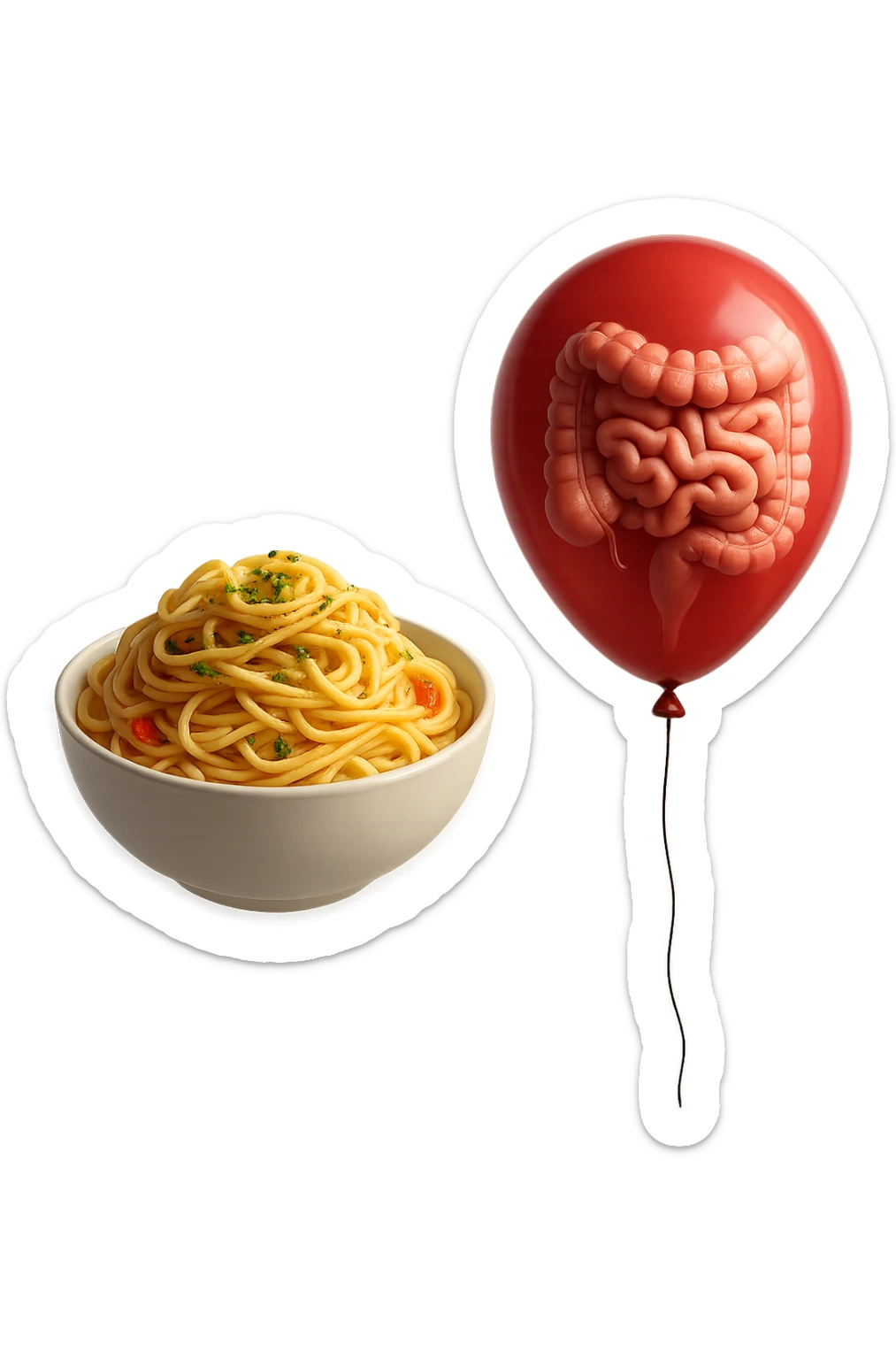 bowl di pasta fluttua in aria insieme ad un palloncino rosso con all'interno un intestino umano anatomico realistico, iperrealistico 4k sticker