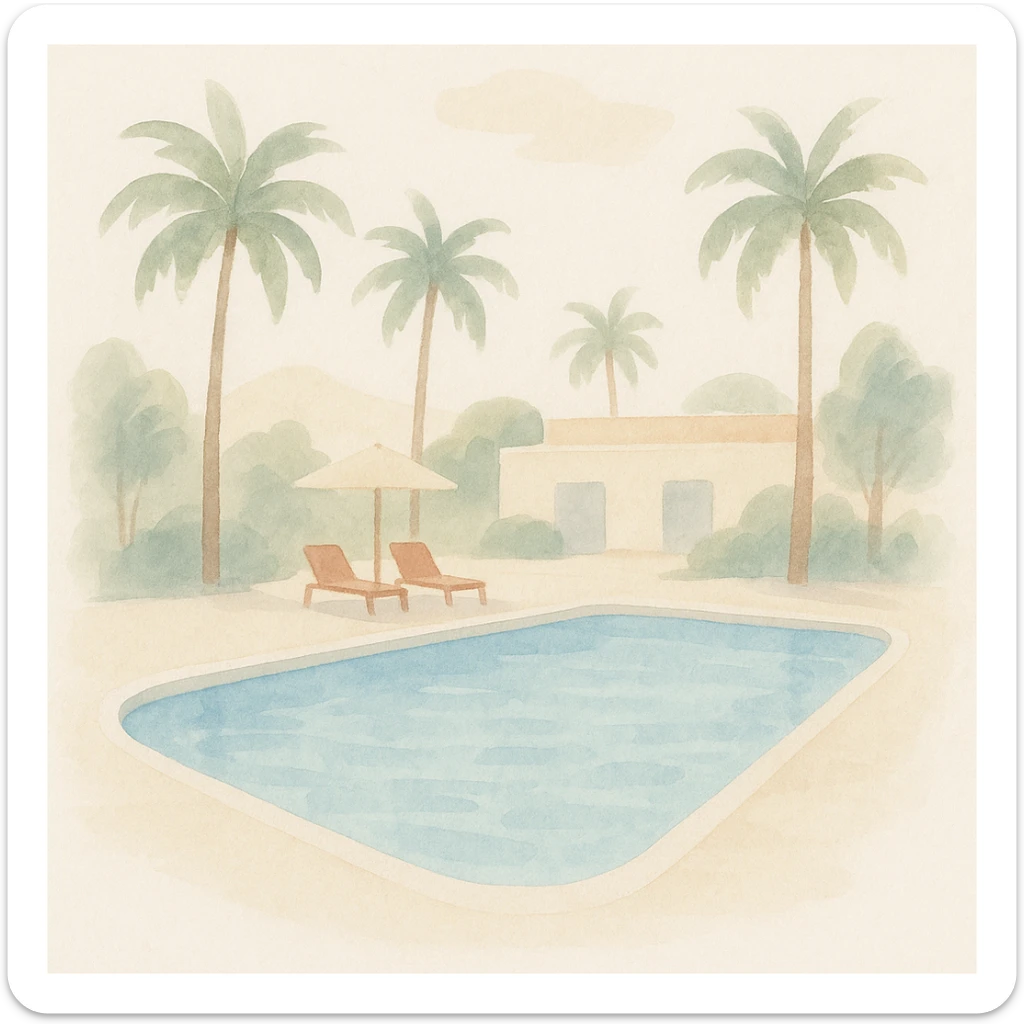 soft watercolor illustration in a minimalist modern style of a luxurious resort swimming pool with crystal clear blue water, palm trees around the edges, sunny day, pastel colors, delicate linework, gentle whimsical mood, minimal soft shading sticker