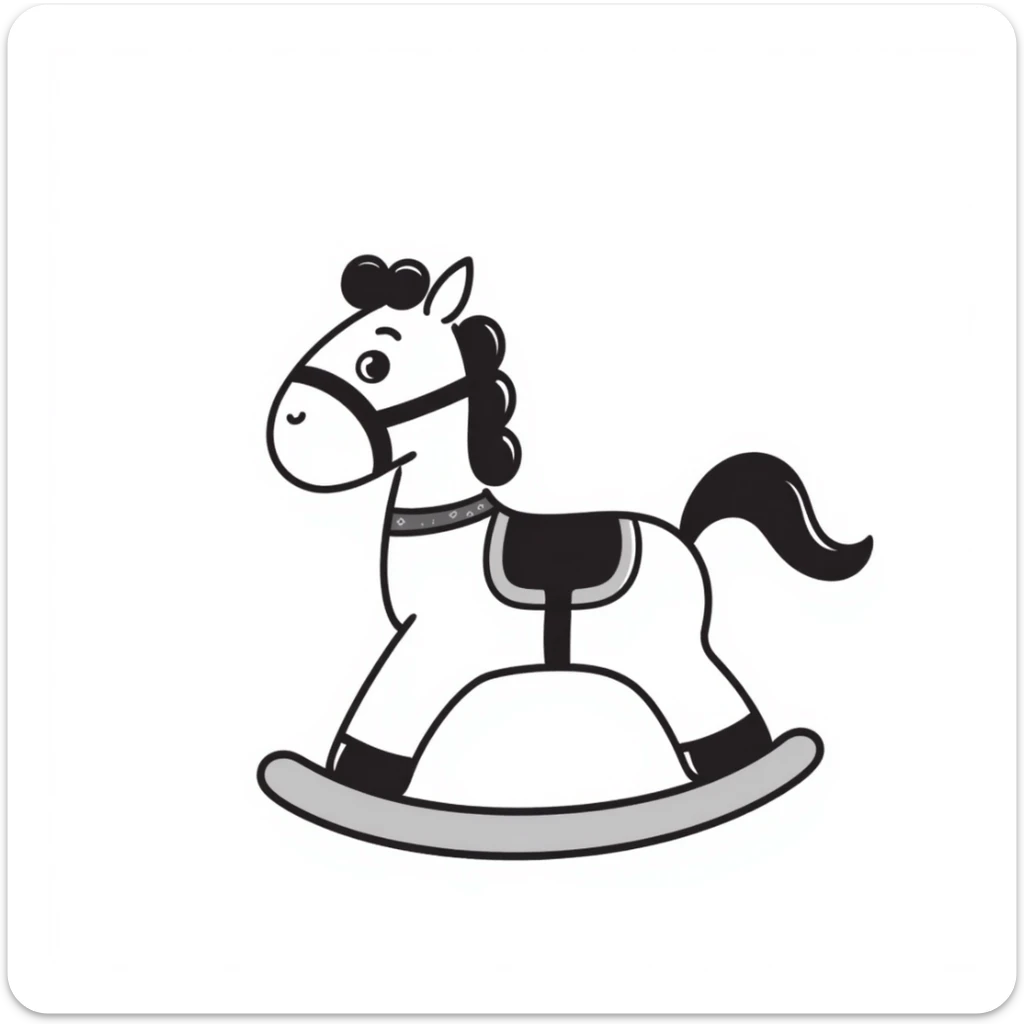 A hand-drawn toy rocking horse with western details and a cute face sticker