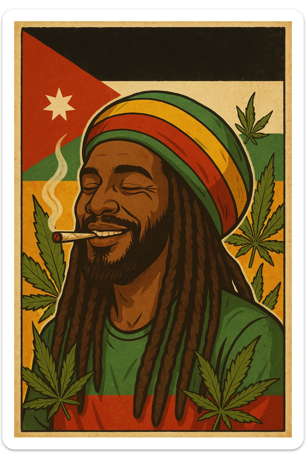 A digital vintage-style poster illustration of a Jordanian Rasta man with dreadlocks, wearing a red, yellow, green striped tam hat. He is smiling peacefully with a lit herbal spliff in his mouth. The background features the official Jordan flag — black, white, green horizontal stripes with a red triangle and a white 7-point star — accurately displayed behind him. Cannabis leaves are tastefully arranged around the composition, and the poster includes Rasta color textures blended with the Jordanian palette. Use a retro poster style with warm, slightly aged textures, bold outlines, and soft shading to evoke a soulful reggae vibe that honors both Jordanian pride and Rasta spirit. The mood is chill, powerful, and respectful sticker