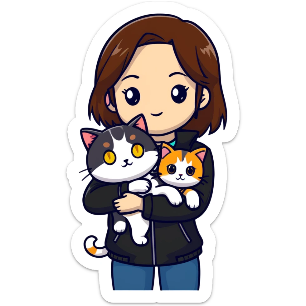 Light-skinned girl with brown straight hair wearing a black jacket, with one pure white cat with yellow eyes and one calico cat with orange black and white patches sticker