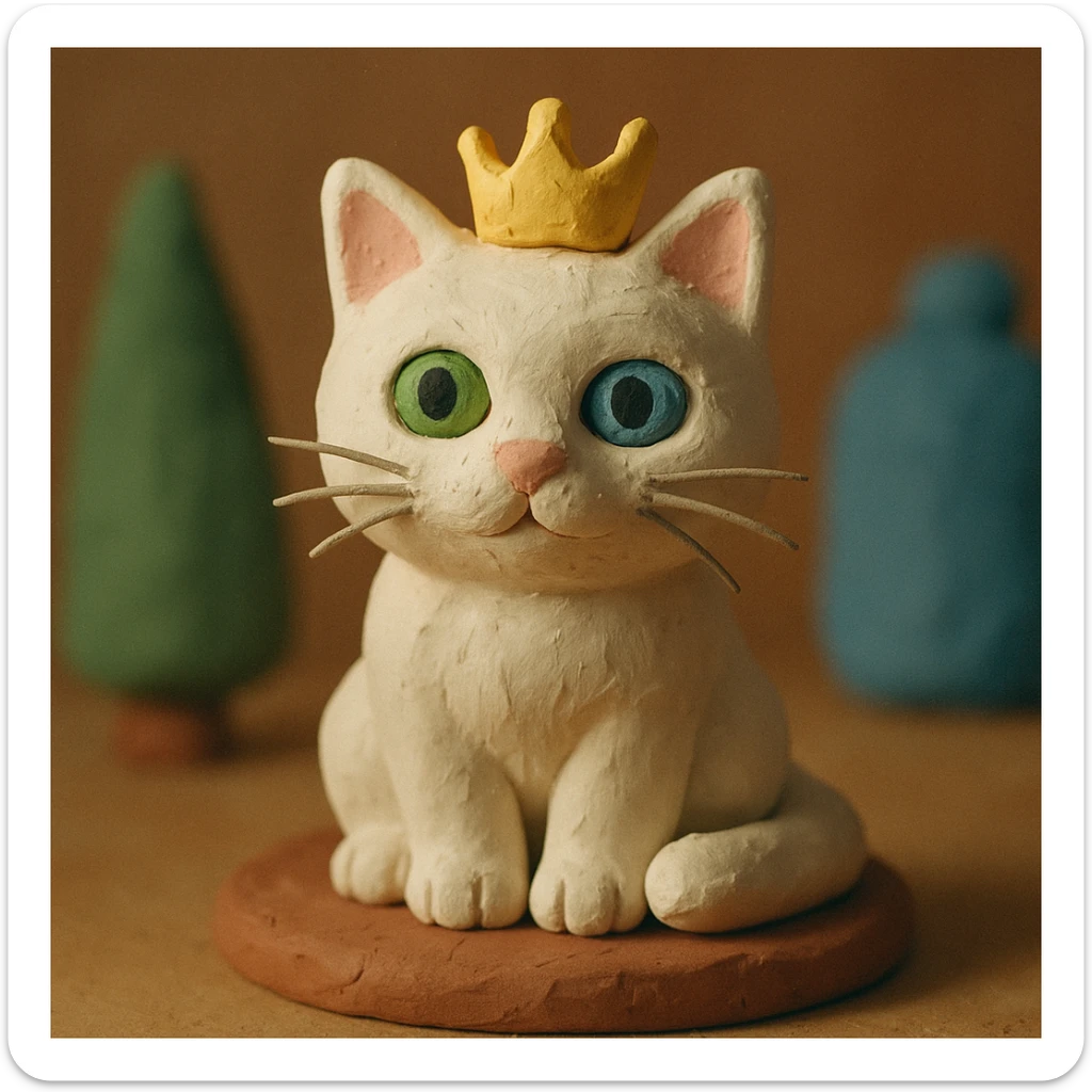 realistic white cat with one green eye and one blue eye, wearing a princess crown sticker