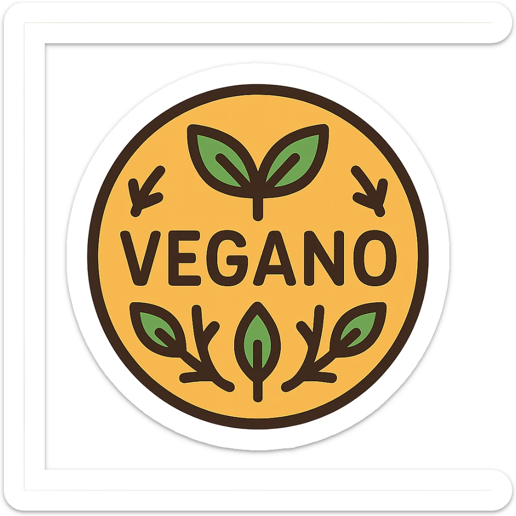 the word VEGANO in a circular badge design, with plant motifs and earthy tones, ideal for a vegan product label sticker