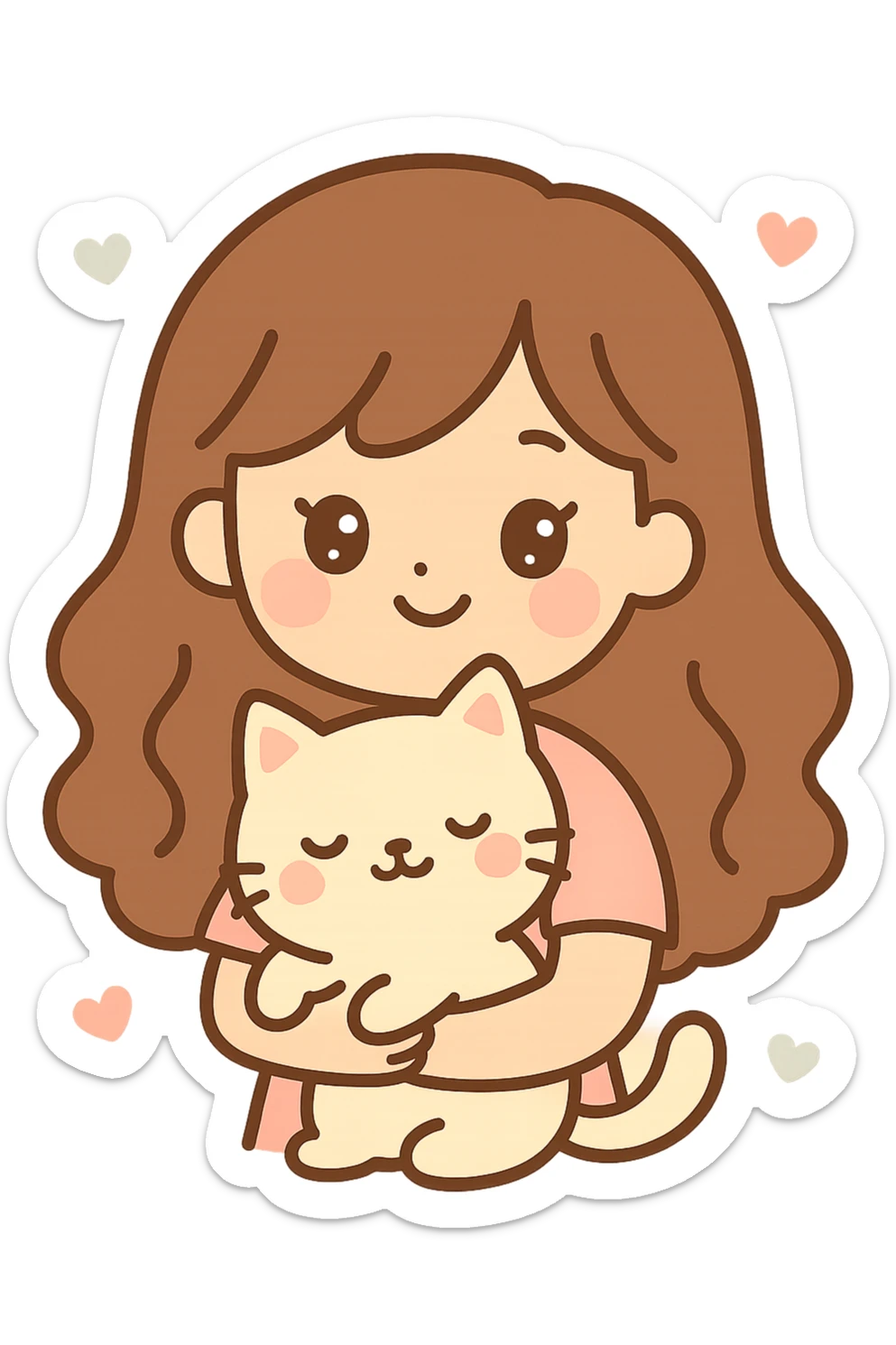 a girl with long wavy brown hair and brown eyes holding a cat, friendly and appealing style sticker