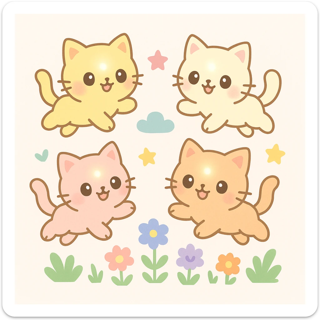 adorable small kittens, glowing and smiling, jumping in a colorful garden, cheerful and lively sticker