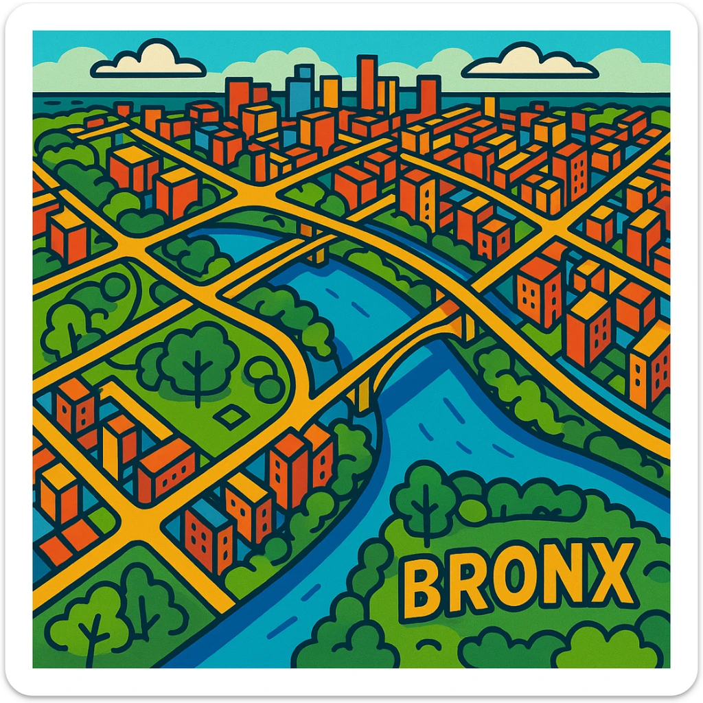 360-degree aerial view of the Bronx, with urban landscape, green spaces, and the Harlem River, vibrant illustrated style sticker
