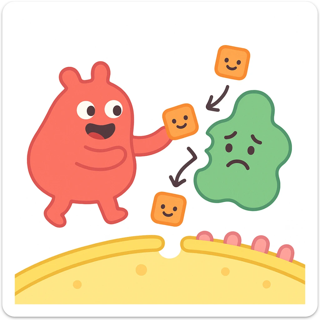 Ultra-detailed emoji-style illustration of enzyme digestion: Red amylase breaking green starch into sugars near a yellow cell membrane. Clean white background, no text. Scientific but simple, cartoon-exact shapes sticker
