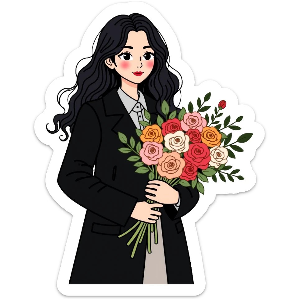 beautiful girl with long black hair wearing a black coat holding a bouquet of flowers sticker