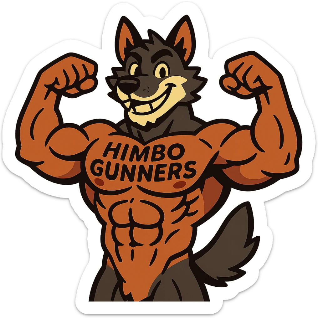 extremely muscular wolf furry, shirtless, 'Himbo Gunners' tattoo across chest, flexing, smiling confidently sticker