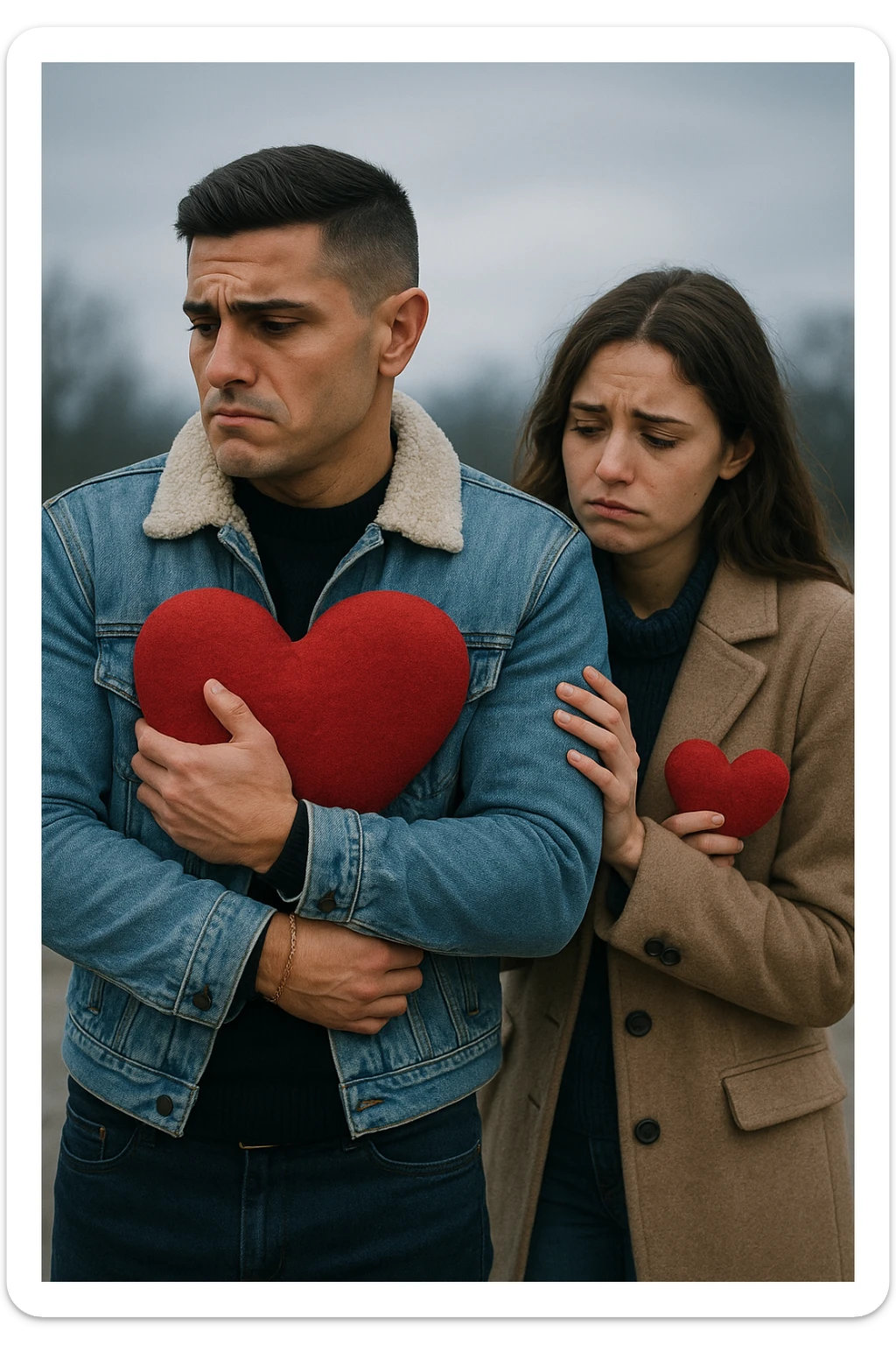 un uomo italiano in abiti casual si allontana da una donna che cerca di abbracciarlo. Lui stringe al petto un grande cuore rosso, mentre lei ne tiene uno più piccolo; entrambi hanno espressioni tristi, e la distanza emotiva è sottolineata da uno sfondo sfocato e freddo. sticker