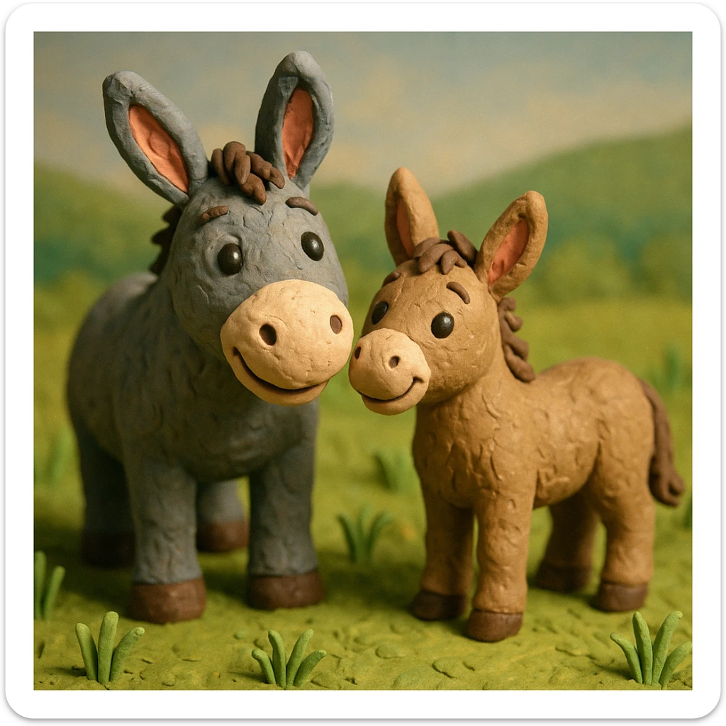 donkey and foal together, cute and cheerful, detailed fur, in a grassy meadow, claymation style sticker
