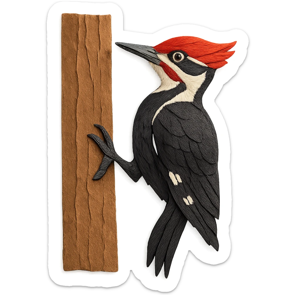 close-up of a Pileated Woodpecker on a tree trunk, fine paper edges, bold feather patterns, vivid red crest sticker