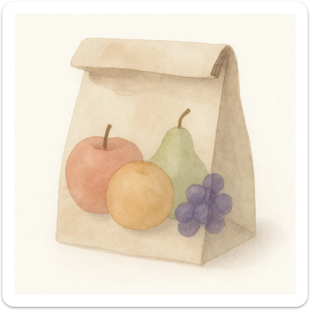 watercolor style lunch bag with fruit inside, soft edges, gentle colors, artistic look sticker