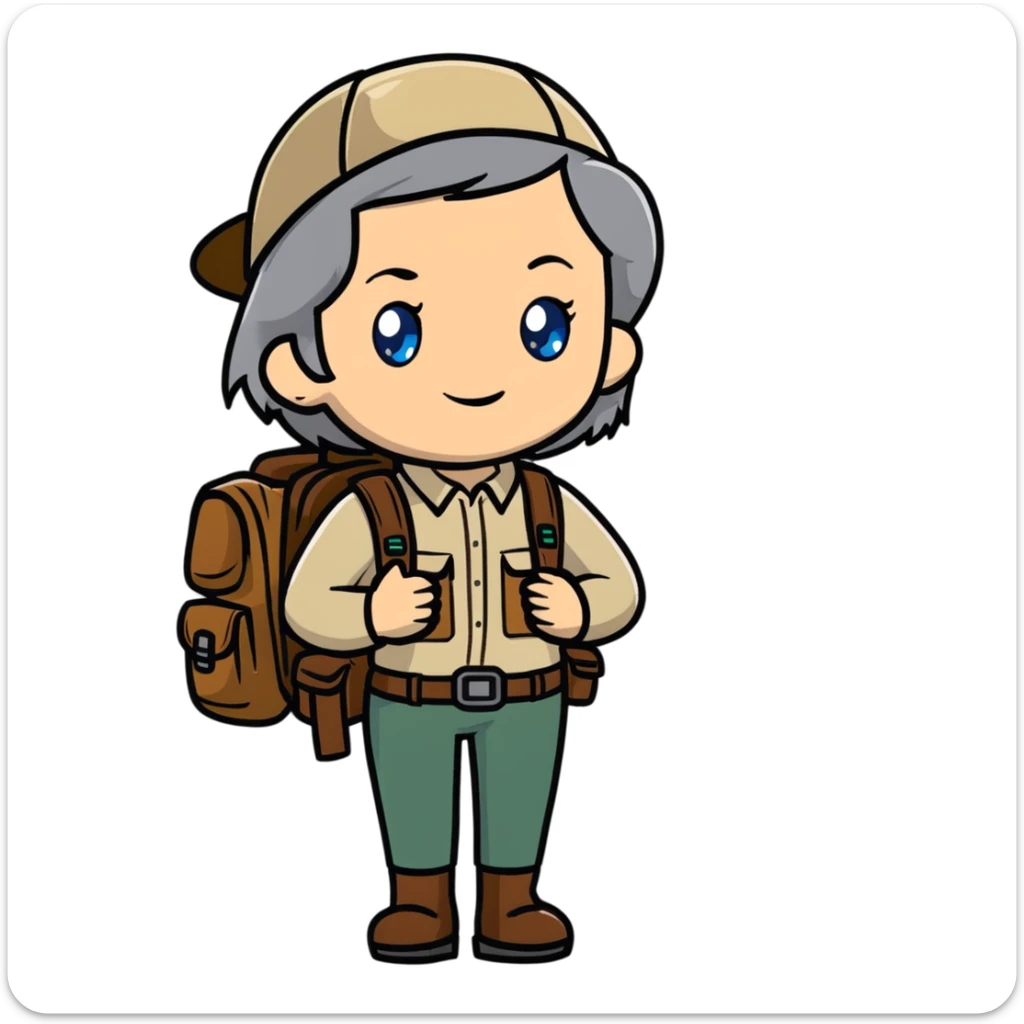 white woman park ranger with blue eyes, brown and gray hair, wearing a backpack, standing in a nature background sticker