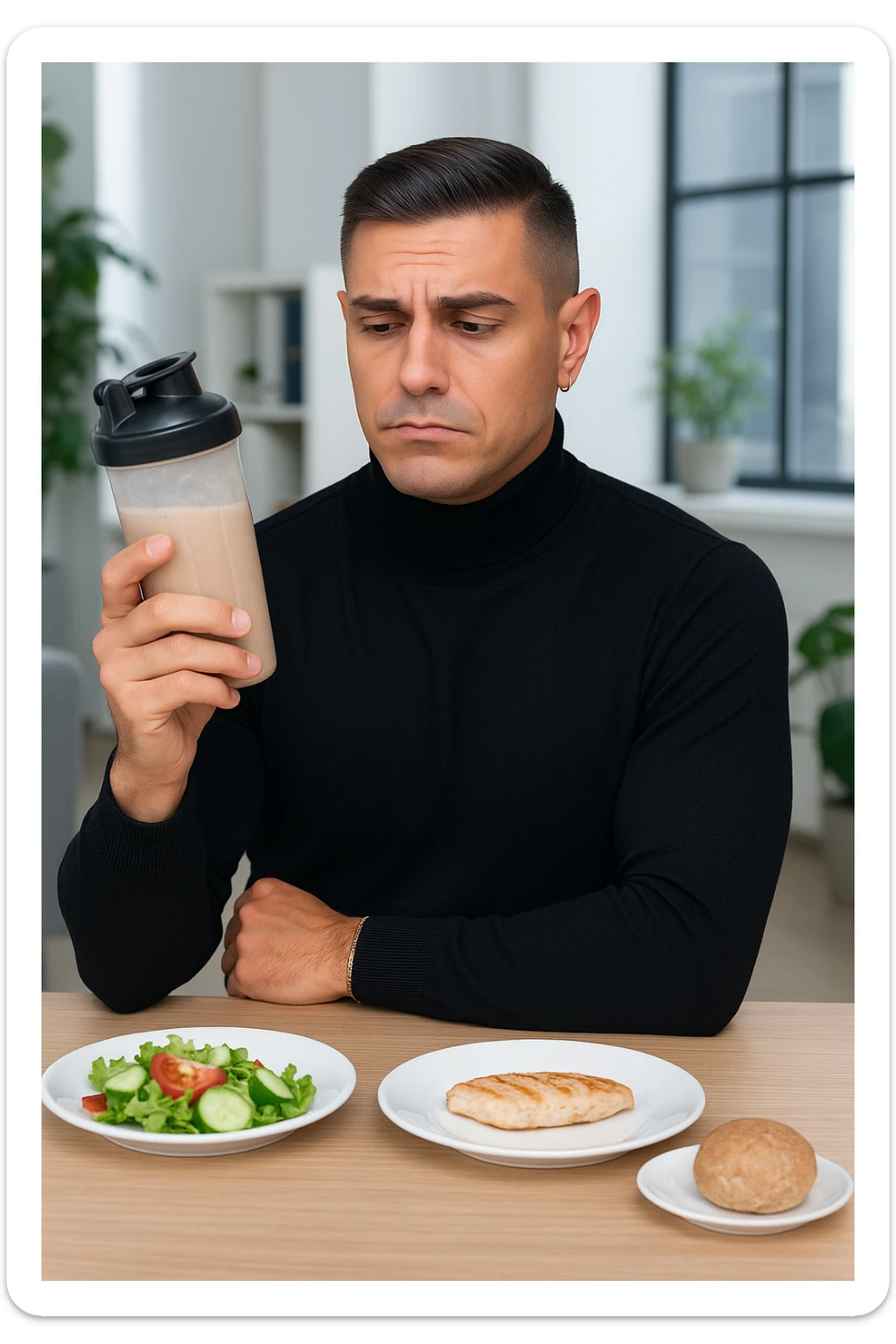 un uomo in abiti da ufficio tiene in mano uno shaker o una bottiglia di sostituto pasto, guardandolo con un’espressione neutra o leggermente indecisa. Sul tavolo davanti a lui ci sono piatti di cibo solido non toccati, come insalata, pollo e pane, a sottolineare la sua scelta di evitare il pasto tradizionale. L’atmosfera è moderna e riflessiva. sticker