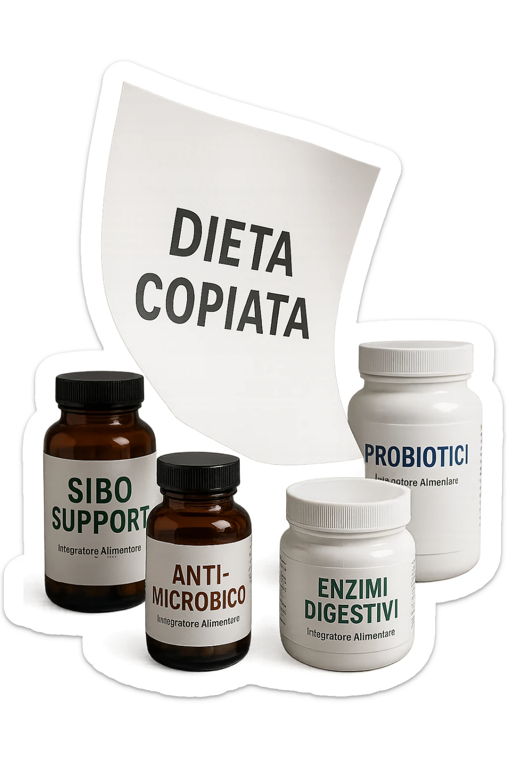 FOGLIO DI CARTA FLUTTUA IN ARIA CON LA SCRITTA "DIETA COPIATA", INSIEME A BARATTOLI DI INTEGRATORI PER CURARE IL SIBO IN ITALIANO, IPERREALISTICO 4K, NON DISEGNATO sticker
