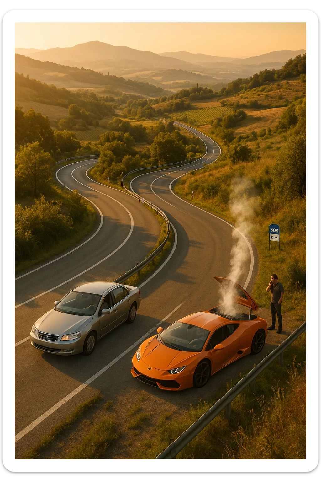"Aerial view of winding mountain road through Italian countryside, steady reliable sedan maintaining consistent pace with confident driver, versus flashy supercar stopped at roadside with hood open and steam rising, mechanic being called on phone, 300km milestone sign visible in distance, moral lesson about reliability over showmanship, golden hour lighting" sticker